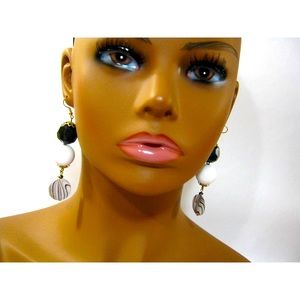 Mega White Black Retro style vintage Beaded Crystal accent 3 inch Drop Earrings